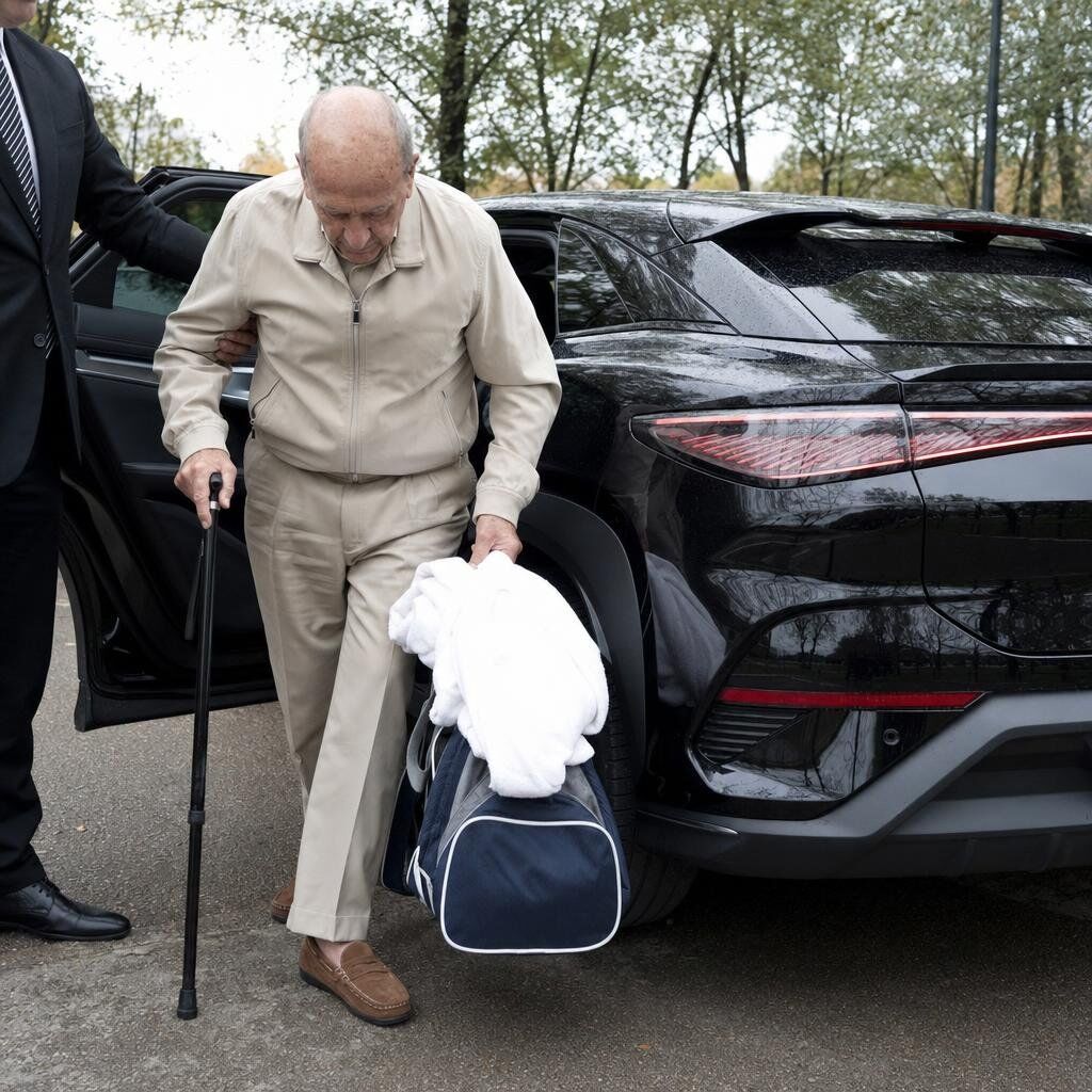 Curiste aidé par son chauffeur à la descente du véhicule devant le centre thermal — transport de cure thermale à Amnéville