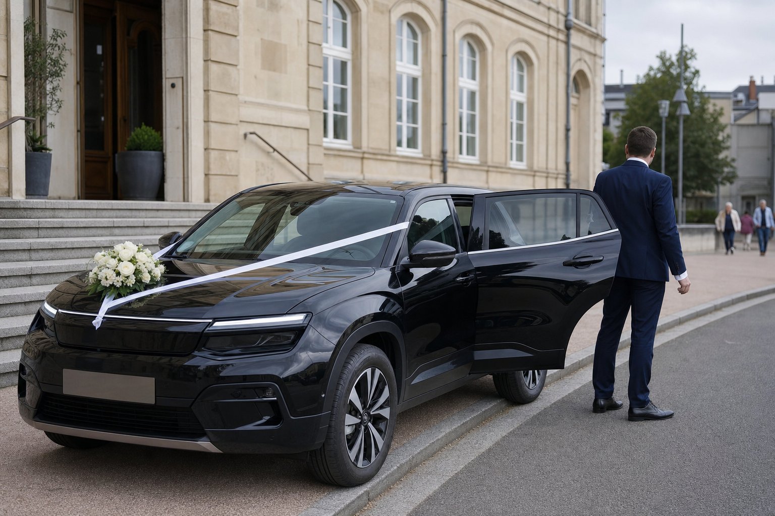 Location de voiture de mariage à Metz — SUV électrique noir décoré de rubans devant une mairie en Moselle