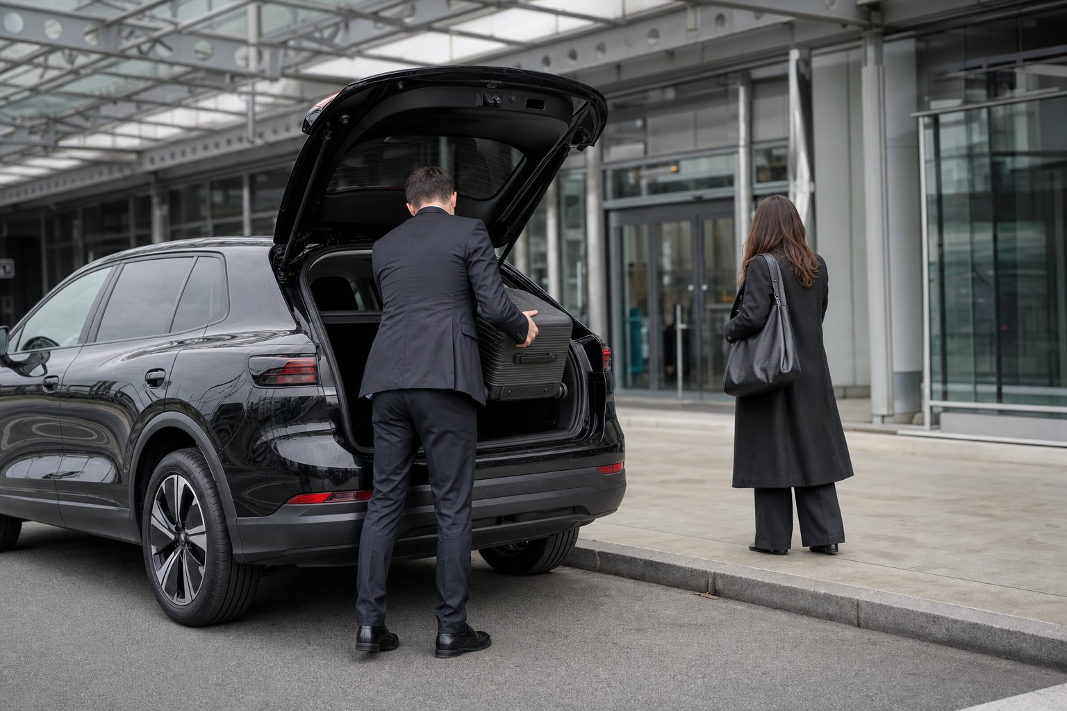 Metz → Roissy CDG — SUV électrique noir au dépose-minute du terminal de Paris-Charles-de-Gaulle, chauffeur sortant une valise du coffre