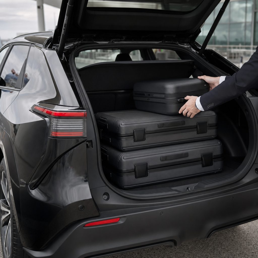 Navette aéroport depuis Metz — chauffeur privé chargeant les valises dans le coffre du SUV électrique noir au dépose-minute du terminal