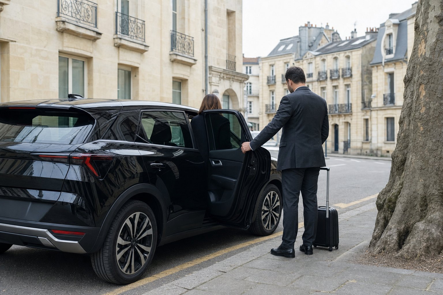 Prix d’un VTC à Metz — chauffeur privé en costume ouvrant la portière arrière d’un SUV électrique noir dans une rue du centre de Metz