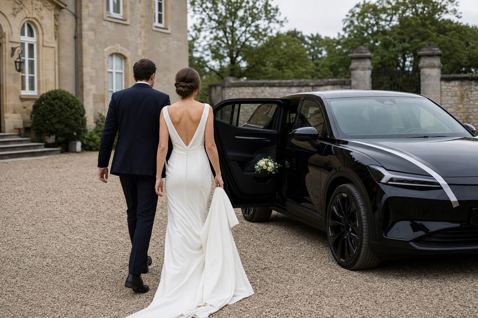 Voiture de mariage noire devant un château en Moselle — mariés se dirigeant vers le véhicule avec chauffeur à Metz