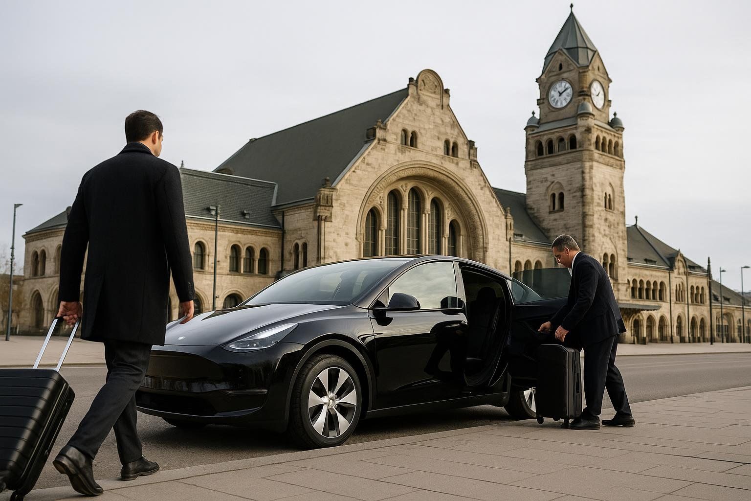 VTC Metz Gare de Metz-Ville — Tesla Model Y noire devant la gare, chauffeur privé VTC G