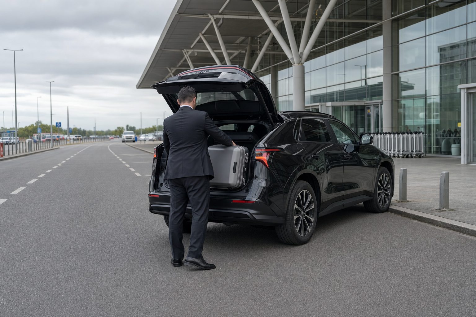 VTC Nancy aéroport de Luxembourg-Findel — SUV 100 % électrique noir devant le terminal, VTC G