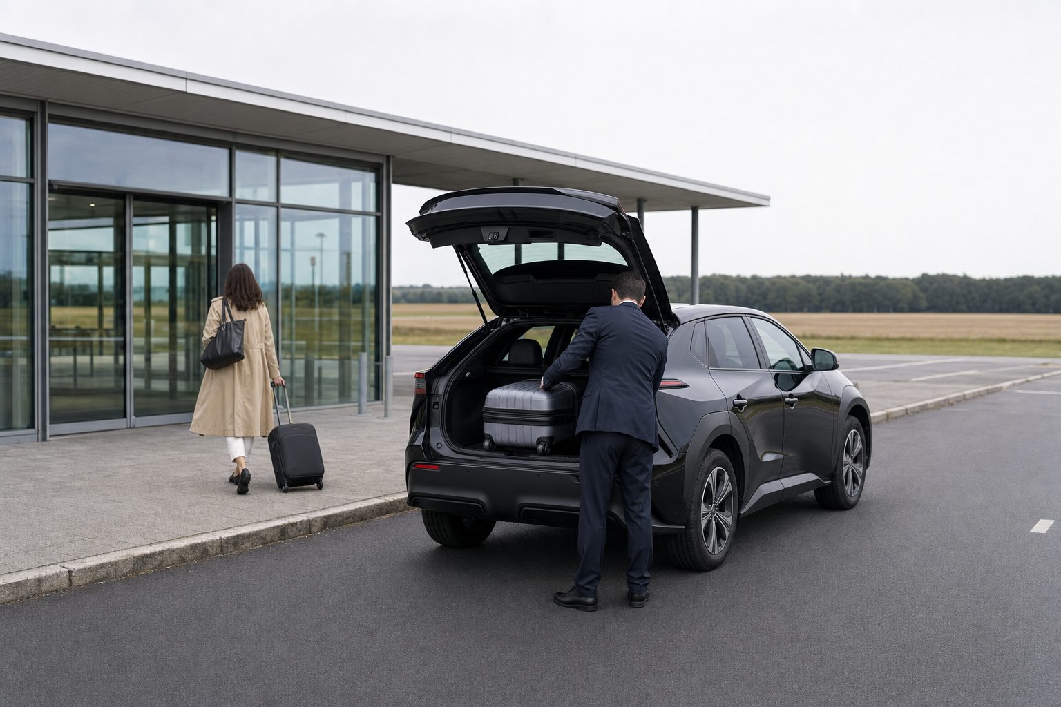 Navette VTC Nancy aéroport Metz-Nancy-Lorraine — SUV 100 % électrique noir au dépose-minute du terminal, VTC G