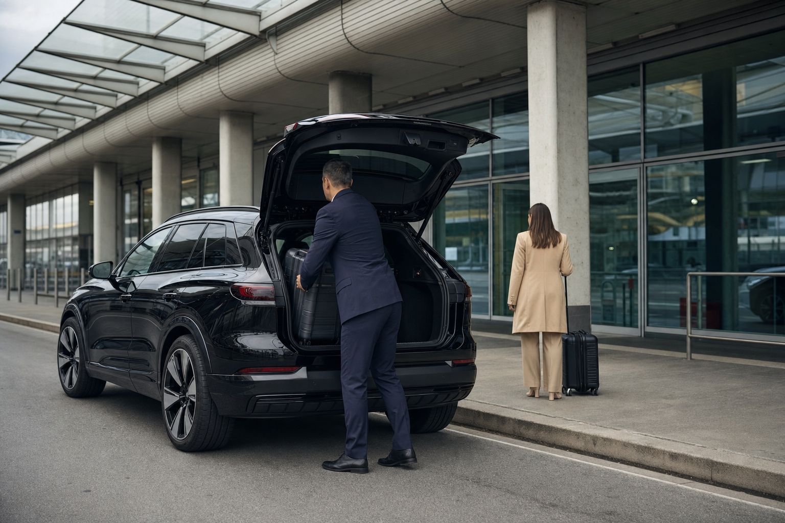 VTC Thionville aéroport de Luxembourg-Findel — SUV 100 % électrique noir devant le terminal, VTC G